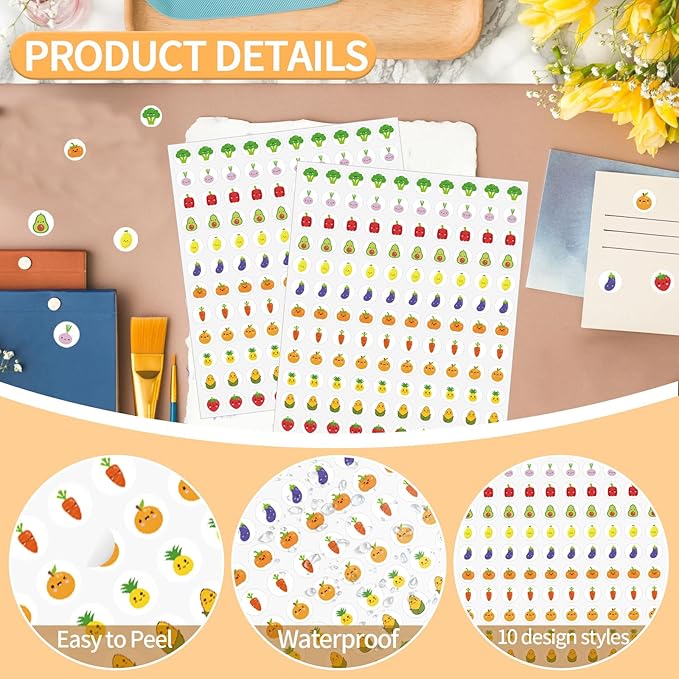 2400 Pcs Small Sticker for Kids,Mini Fruit Sticker Cute Paper Decals 10 Designs Self-Adhesive Stickers for Summer Party Envelopes Scrapbook Gifts DIY Supplies,0.5in（Fruit）