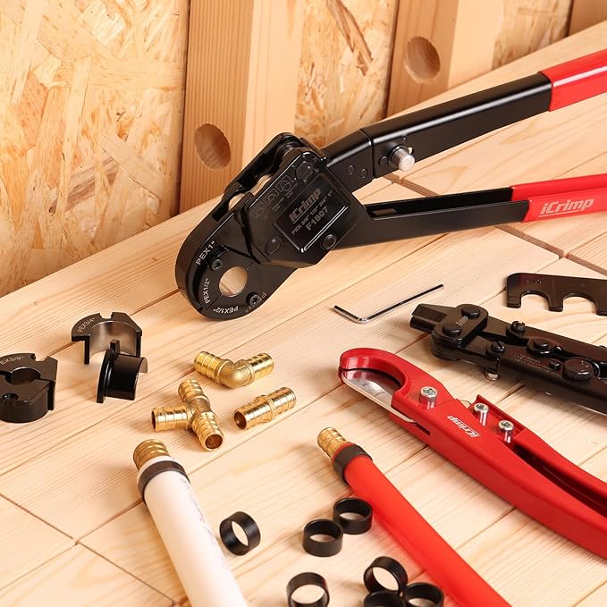 iCrimp Angle Head PEX Crimping Tool Kit for 3/8,1/2,3/4,1-inch with Copper Ring Removal Tool, Pex Pipe Cutter and Gauge, Meets ASTM F1807 Standard, Suitable for Tight Spaces