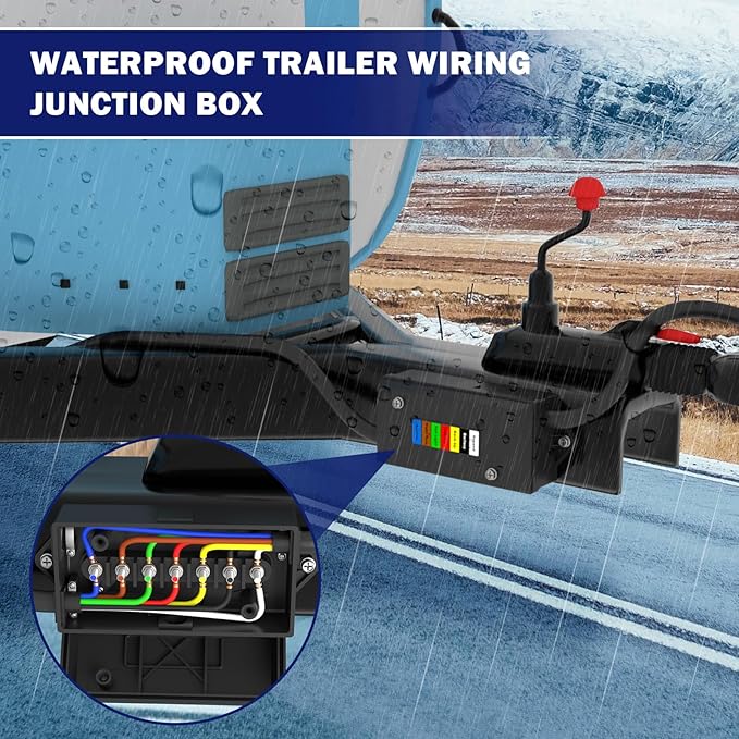 CheeMuii 2 Pcs 7 Way Trailer Junction Box Weatherproof 7 Pin Trailer Wiring Box 7 Color-Coded Electric Wires Connection Box for RV Camper Trailer Light Rewiring