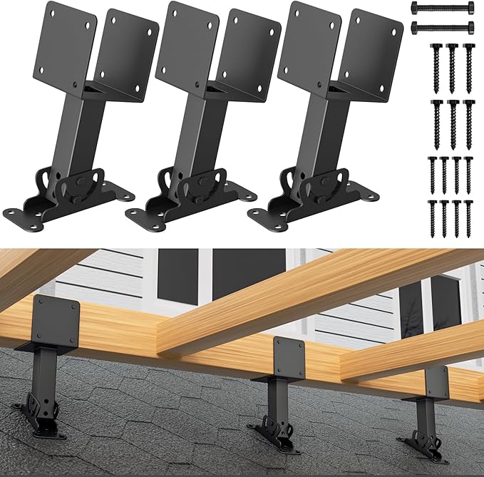 4x4 Heavy Duty Roof Riser Brackets Kit 3 Pack, Adjustable Angle Pergola Brackets, Black Metal Roof Riser Beam Bracket for Roof