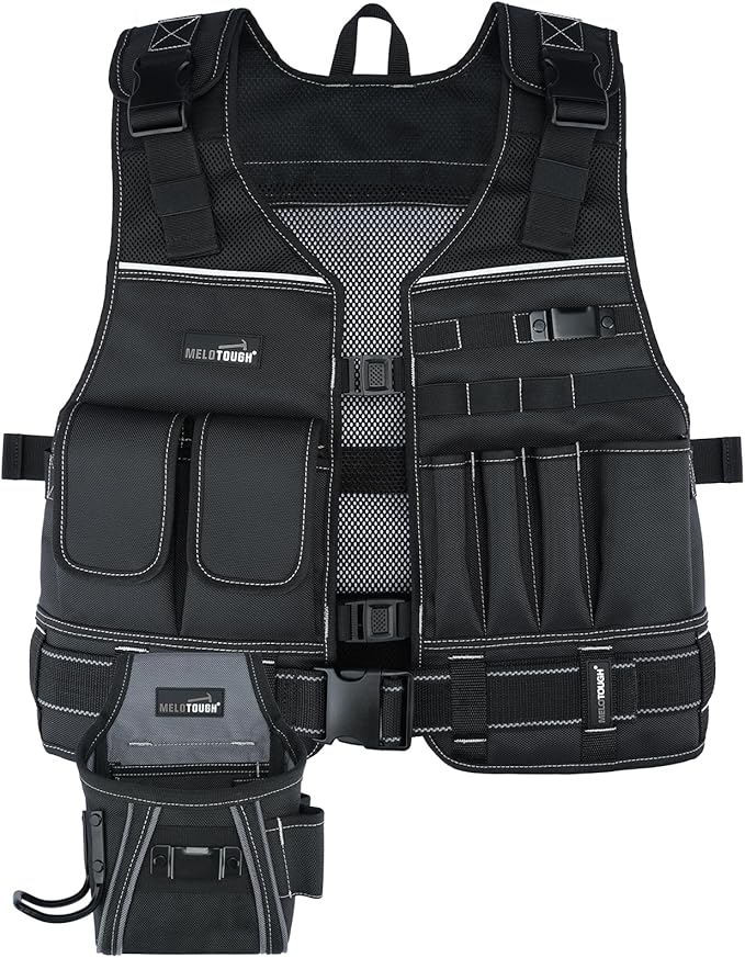 MELOTOUGH Tool Vest for Men with Pouches and Belt, Adjustable Multi-Pocket Safety Tool Vest for Electrician, Carpenter(Black)
