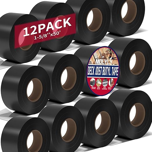 Butyl Deck Joist Tape, 1-5/8" x 50' Joist Tape for Decking, 12 Rolls Waterproof and Anti-Corrosion Butyl Sealant Deck Tape Joist, Ideal for Roofs, Beams, RV, Outdoor Construction Use