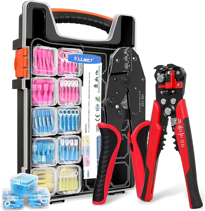 Kuject Crimping Tool Kit, 340 PCS Heat Shrink Wire Connectors(AWG22–10), 3-in-1 Adjustable Wire Stripper and Wire Crimper Kit for Automotive, Marine, and Electrical Repairs