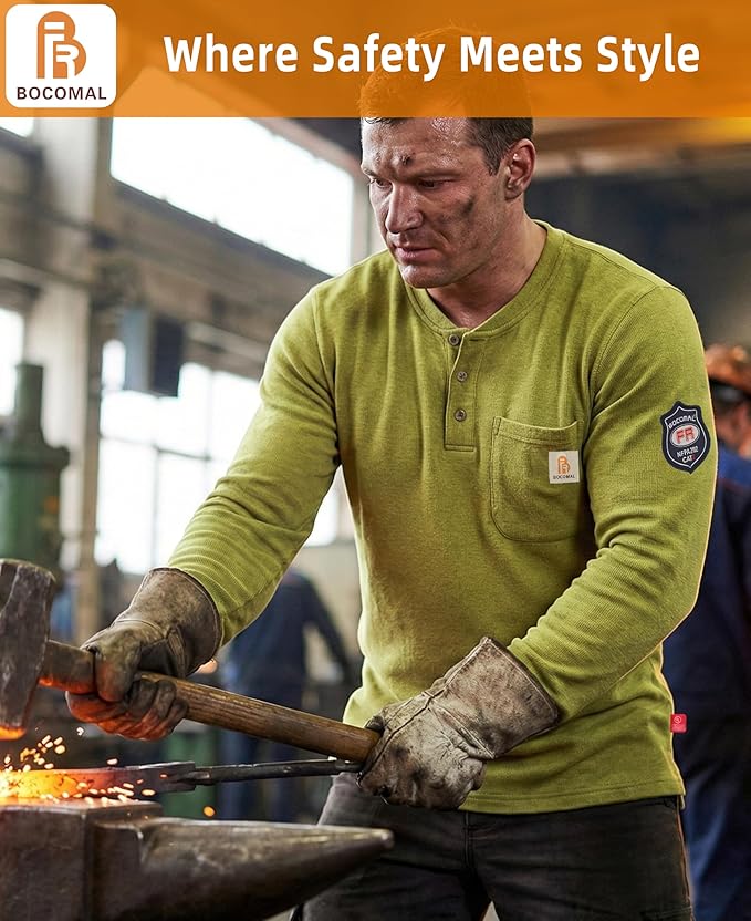 BOCOMAL FR Shirts Henley 7oz Midweight Fire Resistant Clothing NFPA2112 CAT2 Men's Flame Retardant Work Shirt