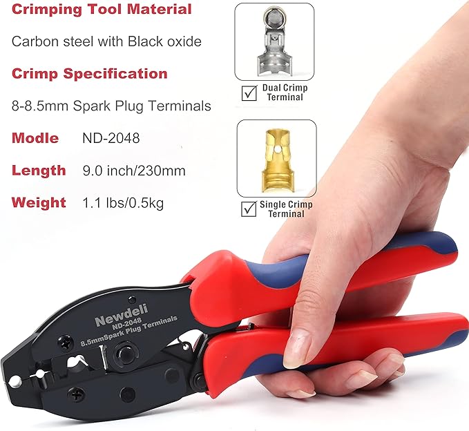 Spark Plug Wire Crimper, Newdeli Crimping Pliers for Spark Plug Stripping Tool, ND-2048 for Crimping and Stripping Spark Plug Wire, Dia 8.0-8.5mm,Ratchet spark plug wire crimping tool