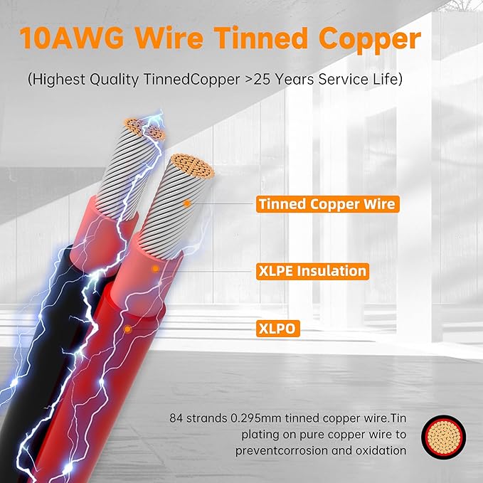 Solar Extension Cable 10 Gauge Panels Wire 3Ft 10AWG (6mm²) PV Wires SJZSUNRUN Tinned Copper Cables with 2 Pairs Solar Connectors for Outdoor Automotive, Marine, (Black&Red)