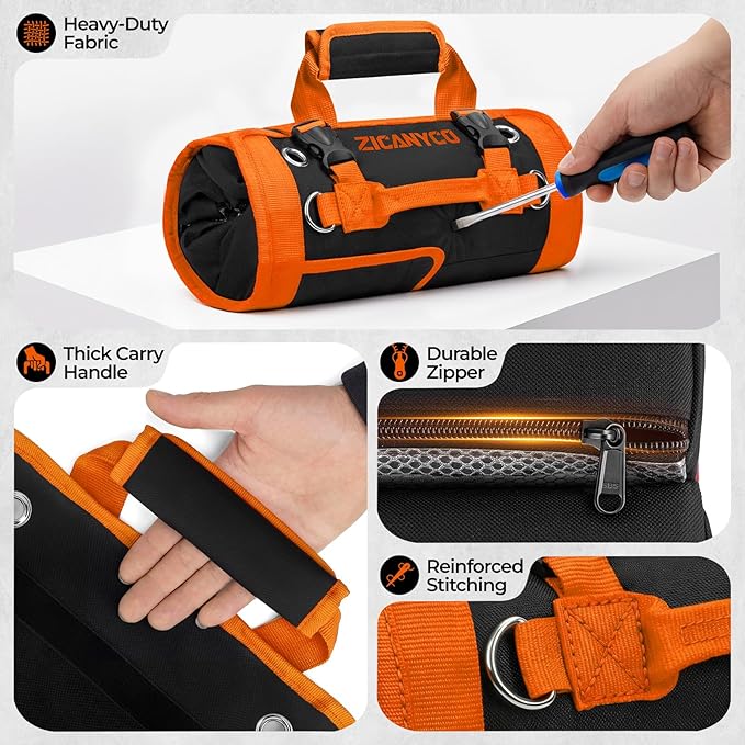 Roll Up Tool Bag, Heavy Duty See-Through Tool Roll Organizer with 2 Detachable Pouches, Portable Mechanic & Motorcycle Tool Bag, Birthday & Father’s Day Gift, Orange