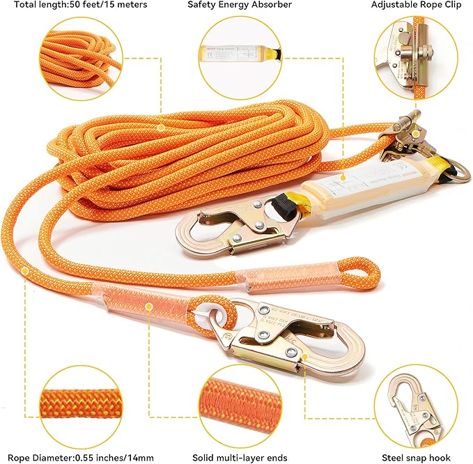 Fall Protection Safety Rope 25FT Roofing Harness Safety Lanyard Tree Climbing Line Kit with Alloy Steel Grab Snap Hooks Shock Absorber Heavy Duty Roof Safety Equipment ANSI CE