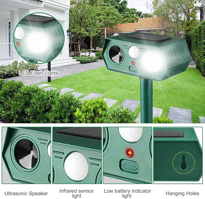 2025 Solar Animal Repellent,Upgraded Ultrasonic Cat Repellent Outdoor,Waterproof Deer Deterrent for Bird Dog Skunk,Squirrels Deterrent with Motion Detection Flash Lights for Farm Patio (2 Pack)