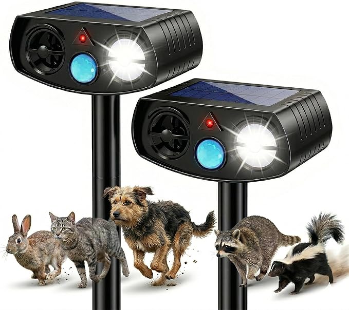 Solar Ultrasonic Animal Repeller Outdoor, Motion Sensor Waterproof Pest Deterrent, Raccoon Skunk Fox Squirrel Rabbit Dog Cat Deer Repellent for Yard Garden Farm, 33ft 120° Coverage, 2 Pack Black