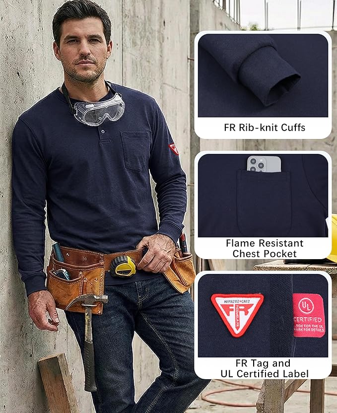 TICOMELA FR Shirts for Men Flame Resistant Shirt NFPA2112/CAT2 7oz Fire Retardant Men's Long Sleeve Henley Shirts