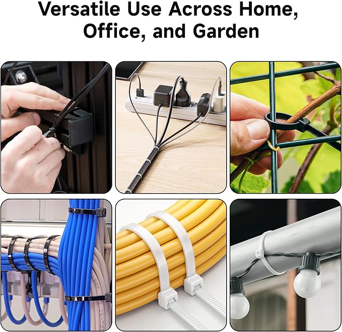 Cable Matters 200-Pack Cable Ties for Indoor and Outdoor, 6, 8, 12-Inch Self-Locking Nylon Zip Ties Assorted Sizes, Tie Wraps for Multiple Use, Self Locking Zipties, in Black and White