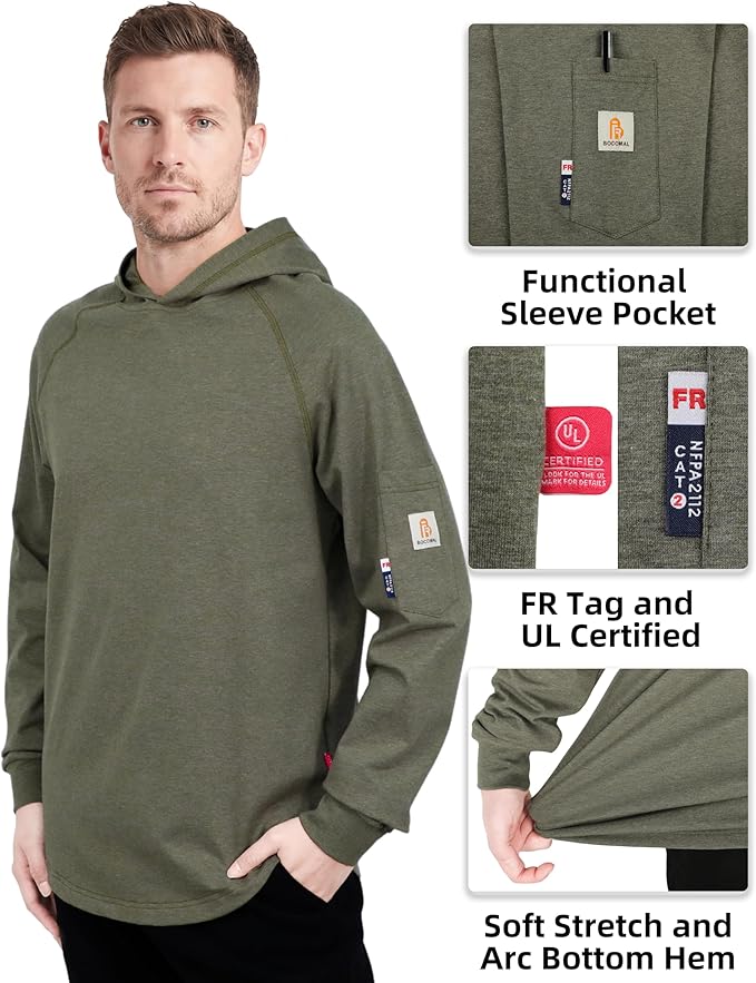 BOCOMAL FR Hooded T Shirts Heather Series 6oz Flame Resistant NFPA2112 CAT2 Fire Retardant Hoodies Work Shirt