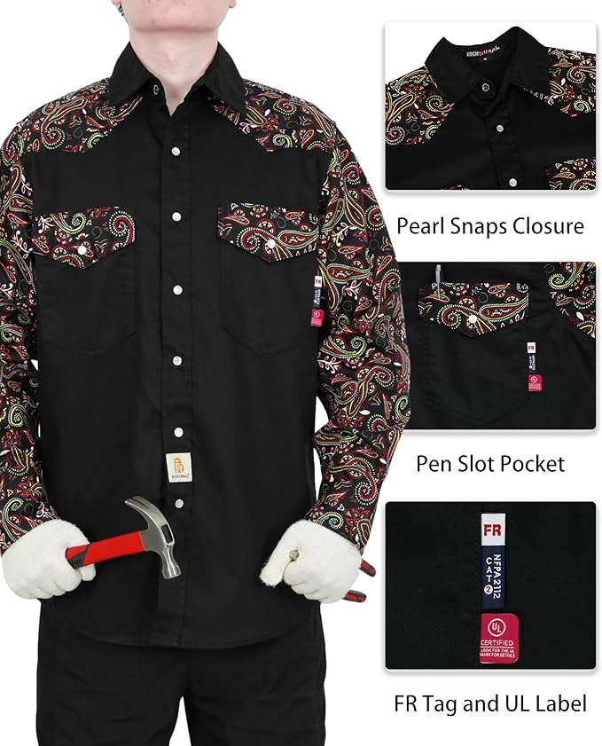BOCOMAL FR Shirts Pearl Snaps Two Tone Plaid/Solid Flame Resistant Cotton Welding Shirt NFPA 2112 CAT 2