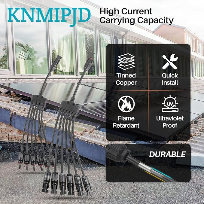 Solar Panel Connector 6 to 1 Y Branch Parallel Adapter, 30A 1000V 10AWG Tool-Free IP68 Waterproof Cable for Solar Panels (Y Branch, 6to1(1Pairs))