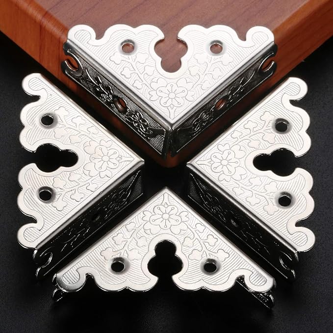 dophee 4Pcs Decorative Corner Protectors, Retro Style Edge Safety Guards Covers for Picture Frame Album Jewelry Box Gift Box Wooden Case Chest Tables Cabinet Furniture, 1.34"x1.34"-Silver