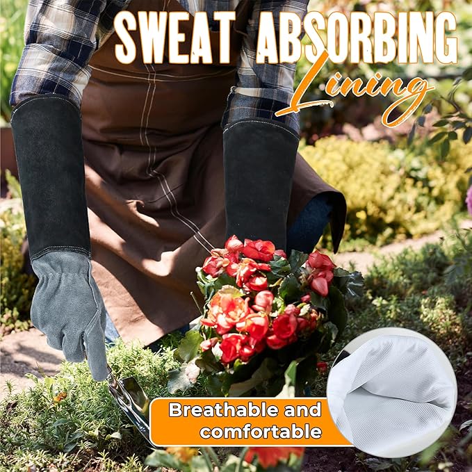 HANDLANDY Long Gardening Gloves for Men & Women, Cowhide Leather Rose Pruning Gloves, Breathable Thorn Proof Gauntlet Glove (Slate Gray, XL)