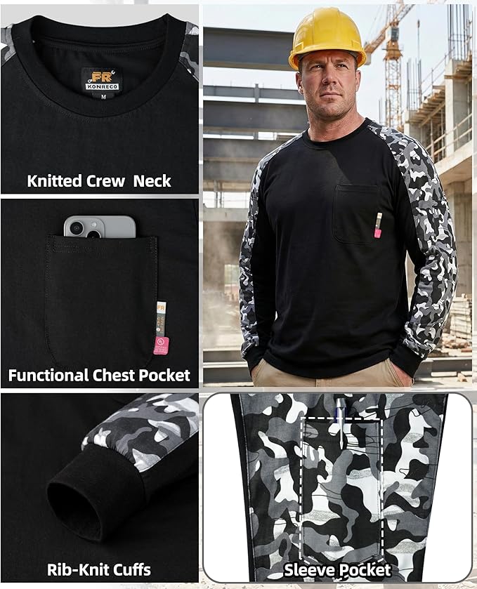 KONRECO FR Shirts for Men Crewneck 6oz Jersey Lightweight Flame Resistant Work T Shirt NFPA2112 CAT2