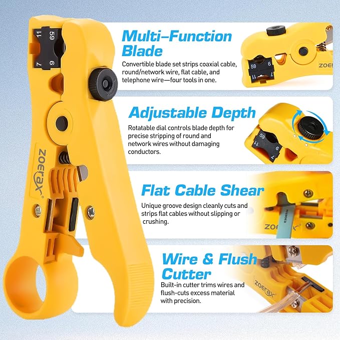 Coax Cable Crimper Tool Kit with Wire Stripper and 20PCS F Connectors – Coax Compression Tool for RG6, RG59, RG11 Coaxial Cables for TV, Internet, Satellite Installations & Home Networking
