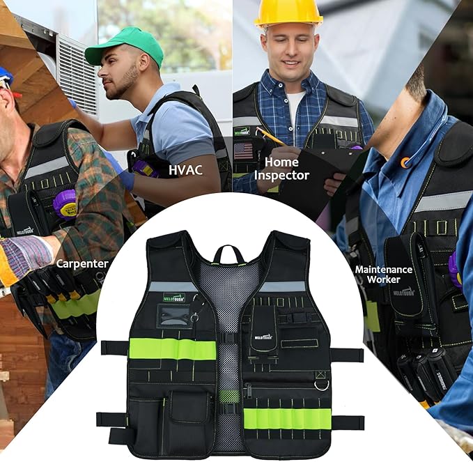 MELOTOUGH Tool Vest Safety Work Vest with Adjustable Straps,Removable Phone Holder for Electrician,Construction,Carpenters