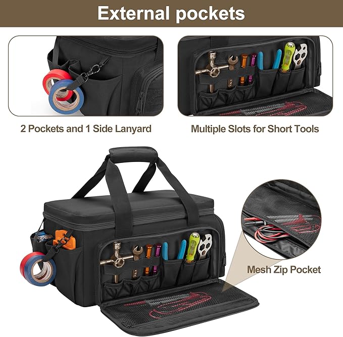 14-Inch Tool Bag with Anti-friction Bottom, Hand Tool Storage Organizer for Men, Tactical Range Bag, Multi-purpose Work Tote for Repairman, Carpenters, Handyman, Black