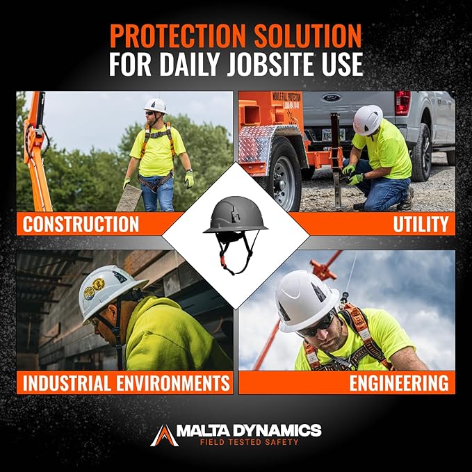 Malta Dynamics APEX Safety Helmets – Type 2 Class E, Full Brim, Non-Vented, Rated for 20,000 Volts and Top, Front, Back, and Side Impact Safety Hard Hat, OSHA and ANSI Certified