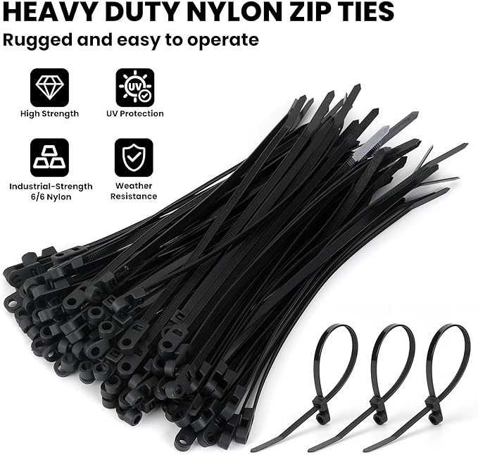 Heavy Duty Zip Ties with Screw Hole, 75lbs Tensile Strength, 7.5 Inch Mountable Cable Ties for Indoor & Outdoor Use, 50PCS Black Nylon Universal Cable Tie Buckle