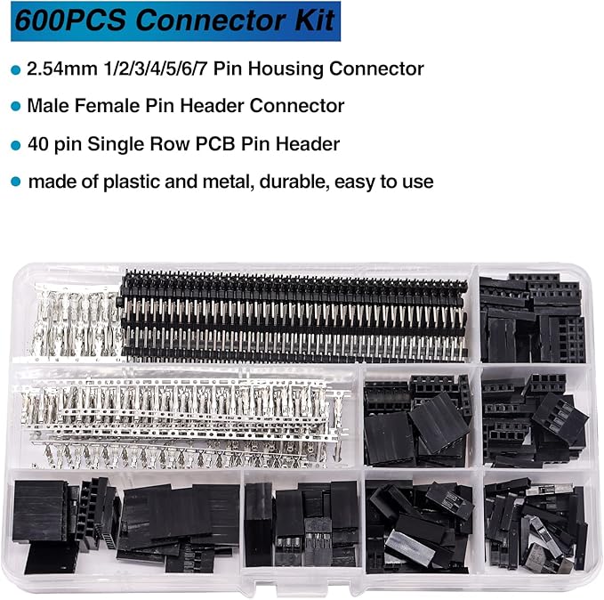 Taiss Dupont Crimping Tool Kit with 600PCS 2.54mm Dupont Connector Kit SN-28B Ratcheting Wire Crimper Plier,1/2/3/4/5/6/7 Pin Housing Dupont Connector Male Female Pin Header Crimp Terminal AWG28-18