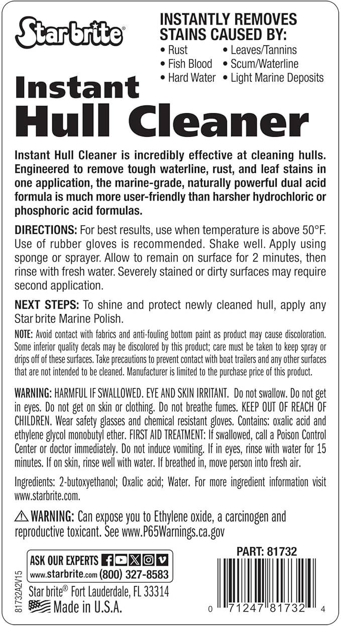 STAR BRITE Instant Hull Cleaner - Easily Remove Stains, Scum Lines & Grime for Boat Hulls, Fiberglass, Plastic & Painted Surfaces - Wipe On, Rinse Off Formula 32 Ounces (081732)