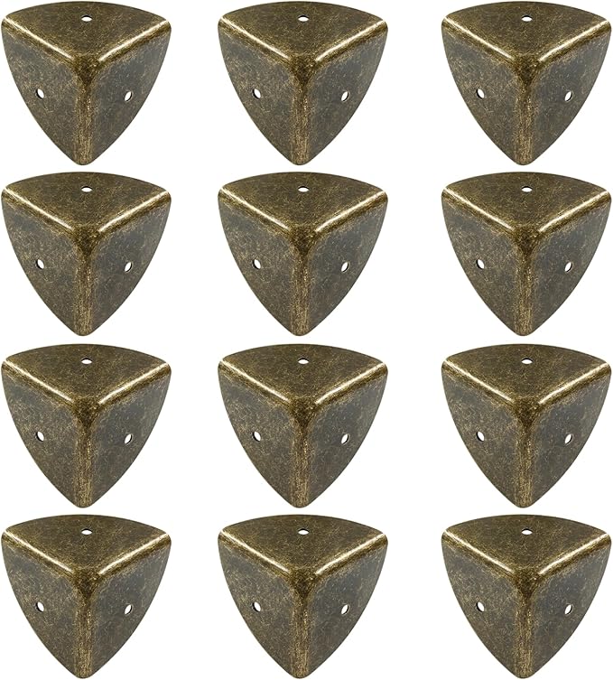 12Pcs Box Corner Protectors, 1.57" (40mm) Metal Corner Edges Protector Triangle Corner Protectors Bronze Corner Covers Edge Guard with Screws for Wooden Case Trunk Box Table Cabinet