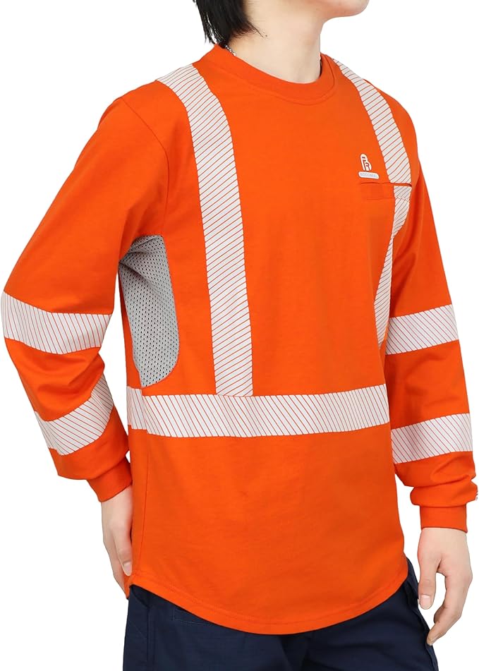 BOCOMAL Reflective FR Shirts High Visibility Summer Vented Mesh Long Sleeve Crewneck Lightweight Flame Resistant Workwear