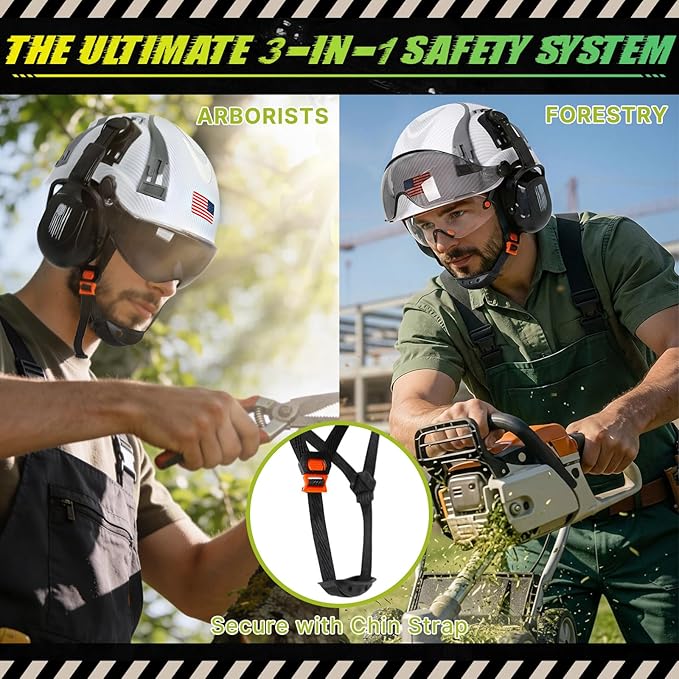 Hard Hat with Dual Visor and Hearing Protection-OSHA Approved Construction Hard Hats with Visor Sunglasses Earmuffs for Men,Vented Forestry Chainsaw Arborist Helmet with Chin Straps