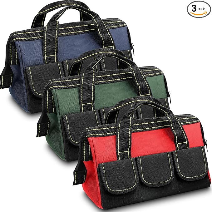 Sanwuta 3 Pack Tool Bag for Men with Waterproof Hard Bottom, Heavy Duty Tool Bag Wide Mouth Tote for Various Instrument, Electrician Carpenter Mechanic(Red, Army Green, Blue,16 Inch,Classic)