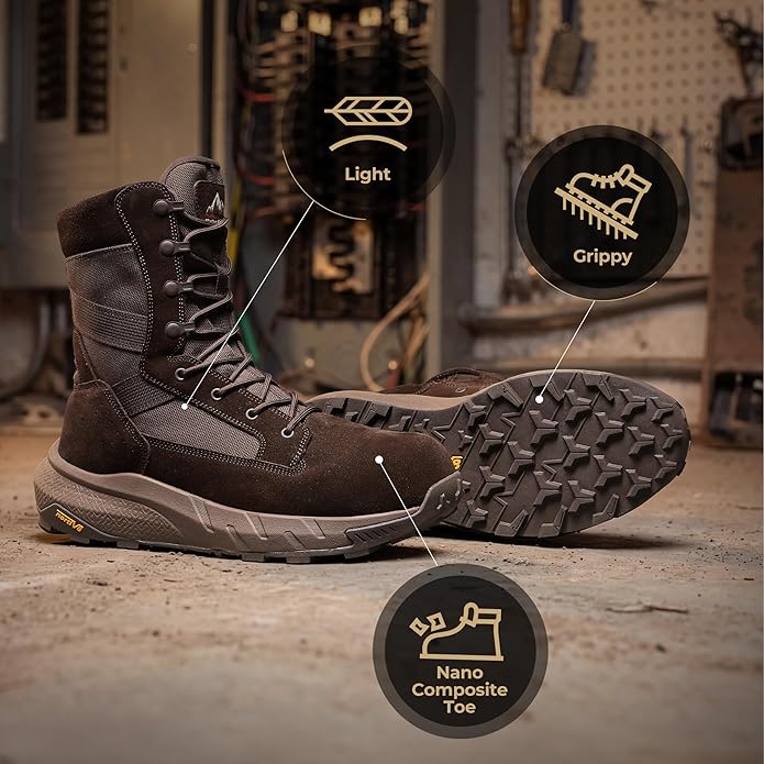 NORTIV 8 Men's 8" Composite Toe Work Boots, Lightweight Side Zipper ASTM F2412-24 & ASTM F2913-24 Safety Military Boots for All-Day Comfort, Peakforce-Nano