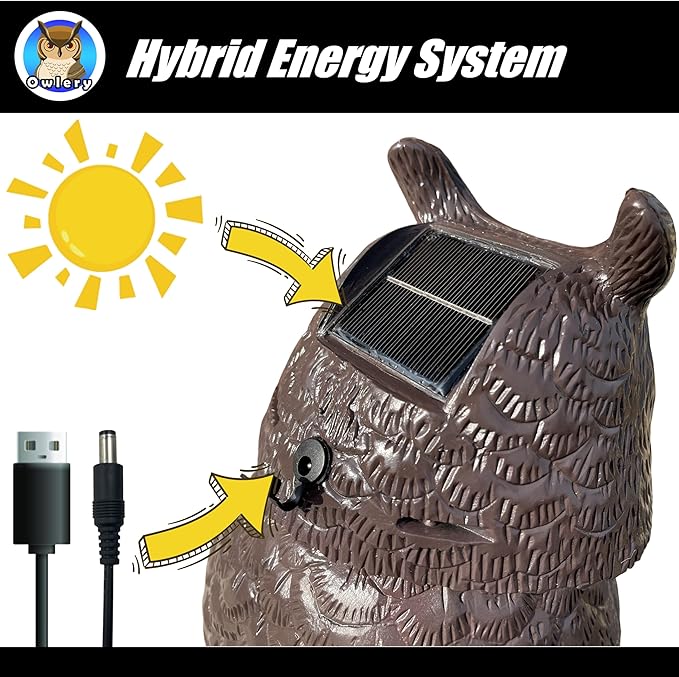 Solar Owl Guard with Motion Detector, Flashing Eyes, Spinning Head, Realistic Hooting and Silent Mode, Garden Owl, Outdoor Statue, Decoration for Home, Garden, Patio and Fence