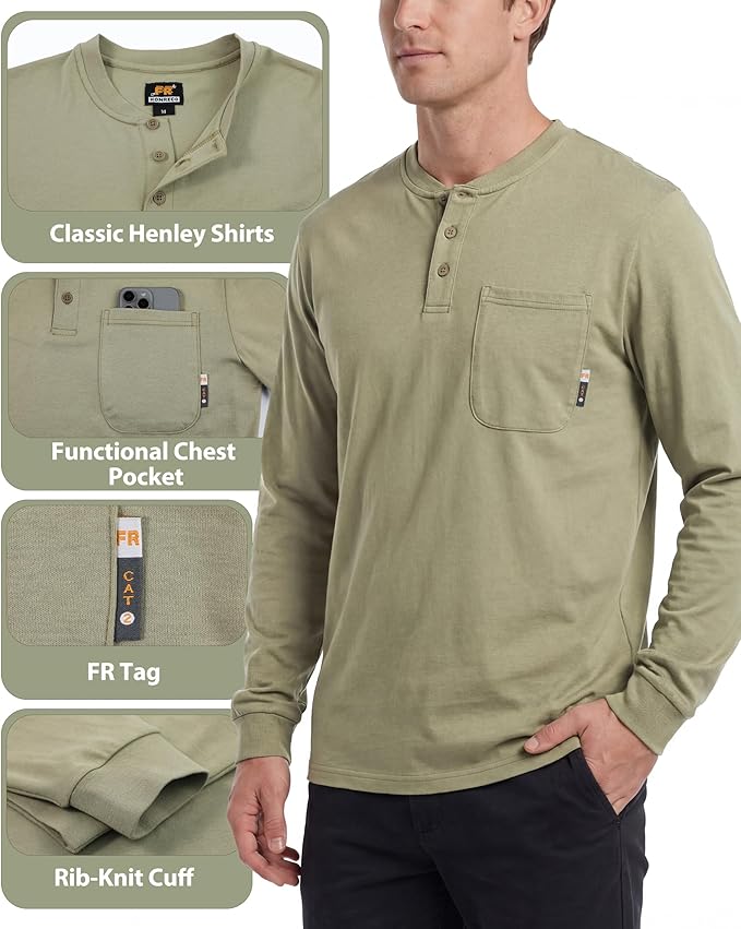 KONRECO FR Shirts for Summer Flame Resistant Shirt 5.5oz Light Weight CAT2 Henley Shirts