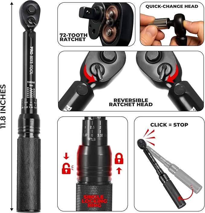 PRO BIKE TOOL Torque Wrench 3/8 Drive - Precision Torque Wrench for Bike Maintenance - 10 to 60 Nm Range with 0.5 Nm Micro Adjustments - Includes Adapters, Extension Bar and Storage Box - Black Matte