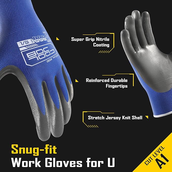 COOLJOB 10 Pairs Nitrile Dipped Safety Work Gloves with Grip, Non-slip Rubber Coated Bulk Garden Gloves for Men, Heavy-duty Oil Resistant for Truck Driver, Warehouse Box Handler, Large, Gray Blue