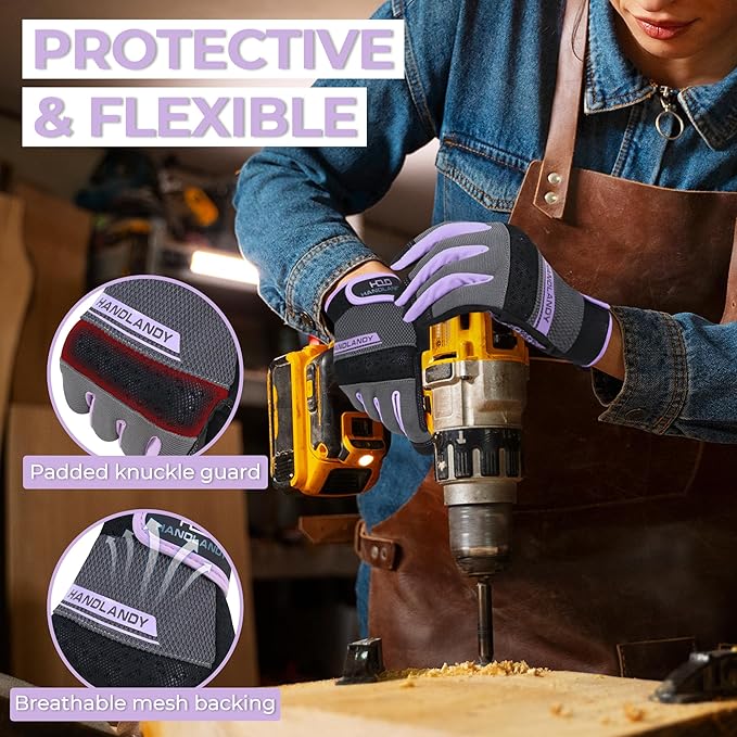 HANDLANDY Work Gloves for Women, Breathable Leather Gardening Glove for Yard Maintenance, Hand Protection with Touch Screen