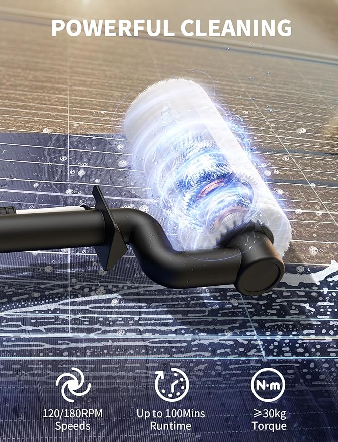Solar Panel Cleaning Brush and Pole, 20FT Electric Cleaning Roller Brush with Telescopic Water Fed Pole, 100Mins Runtime, 2 Spin Speeds, Outdoor Window Cleaning System for Solar Panel, Window, Roof
