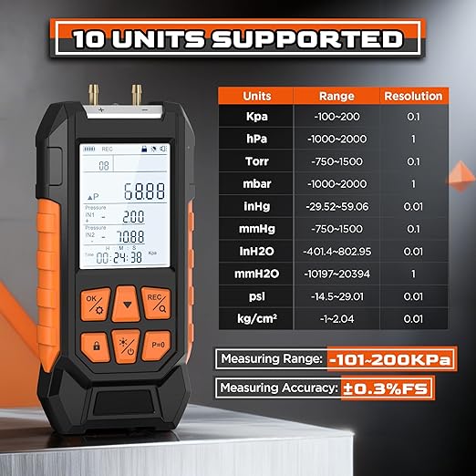 Manometer Gas Pressure Tester Pro 3" LCD Display Digital Manometers -101 KPa to 200KPa Dual-Port Gas Manometers HVAC with Auto Calibration, Max/Min Value, Data Records