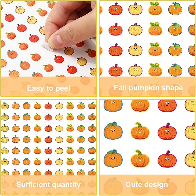 JarThenaAMCS 2400 Pcs Fall Mini Pumpkin Stickers Autumn Colorful Paper Decal 10 Cute Designs Adhesive Sticker Decor for Thanksgiving Envelope Scrapbook Teacher Reward Classroom DIY Supplies, 0.5 Inch