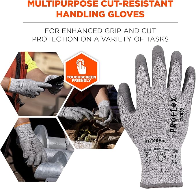 Ergodyne ProFlex 7030 Cut Resistant Work Gloves, ANSI A3, PU Coated Palms for Flexible No Slip Grip, Abrasion Resistant, 13g,Gray, 2X-Large