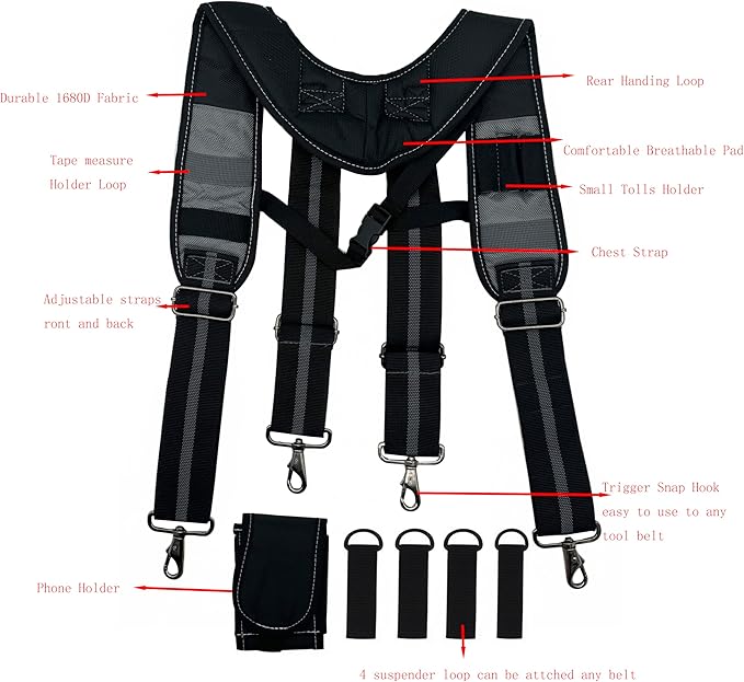 Tool Belt Suspender for Men 4 Point Padded with Attachment Loops, WristBand Pouch Pocket for Construction Worker