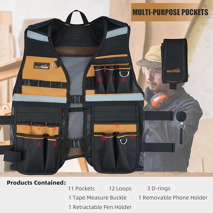 MELOTOUGH Tool Vest for Men Reflective Safety Tool Vest with Adjustable Straps,Removable Phone Holder for Electrical,Carpenters,Construction(Khaki)