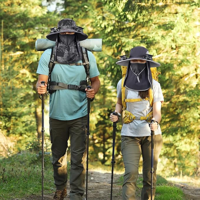 2 Pcs Solar Fan Hats Wide Brim Fishing Hats with 2 Solar Fan and Removable Face Cover Cooling Buckets for Men Women