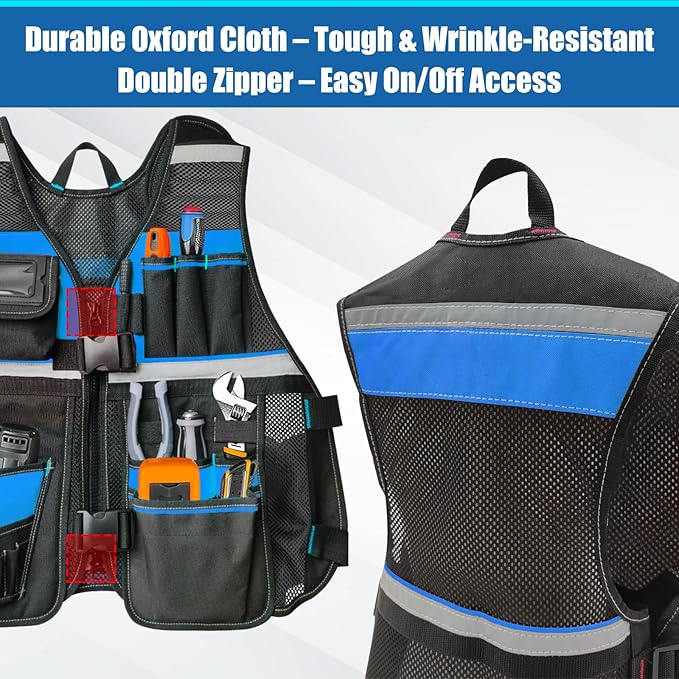 Electrician Tool Vest for Men, Tool Vest Electrician with Molded Drill Holster, 1680D Heavy Duty Adjustable Work Vest, Reflective Workwear with 16 Storage Spaces (Blue)