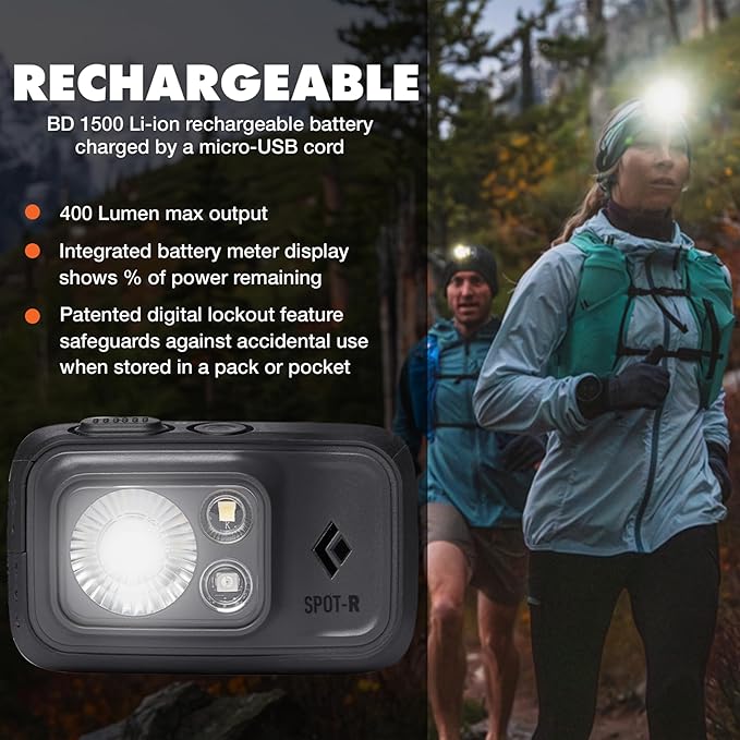 BLACK DIAMOND Spot 400-R Rechargeable Headlamp | 400 Lumens, Dimmable | Micro-USB Charging | Waterproof & Compact | Camping, Hiking, Running | Graphite
