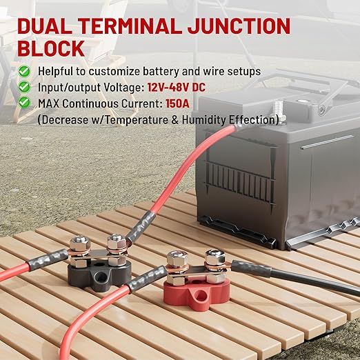 RED WOLF 12V 150A Power Distibution Block 5/16" Dual Stud Busbar M8 Terminal Bus Bar 12 Volt DC Battery Junction Post for Auto Boat Marine Solar System Positive and Negative (2PC)
