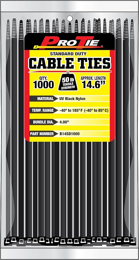 Pro Tie Standard Duty, Self-Locking UV Nylon Cable Wire Ties for Indoor and Outdoor Use | 14.6-Inch, 50 lbs. Tensile Strength, UV Black Nylon, 1000-Pack (PN: B14SD1000)